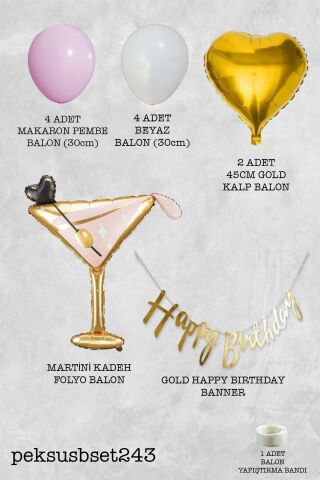 Set243 Happy Birthday Banner ve Kadeh Balonlu Gold Pembe Yetişkin Doğum Günü Balon Seti