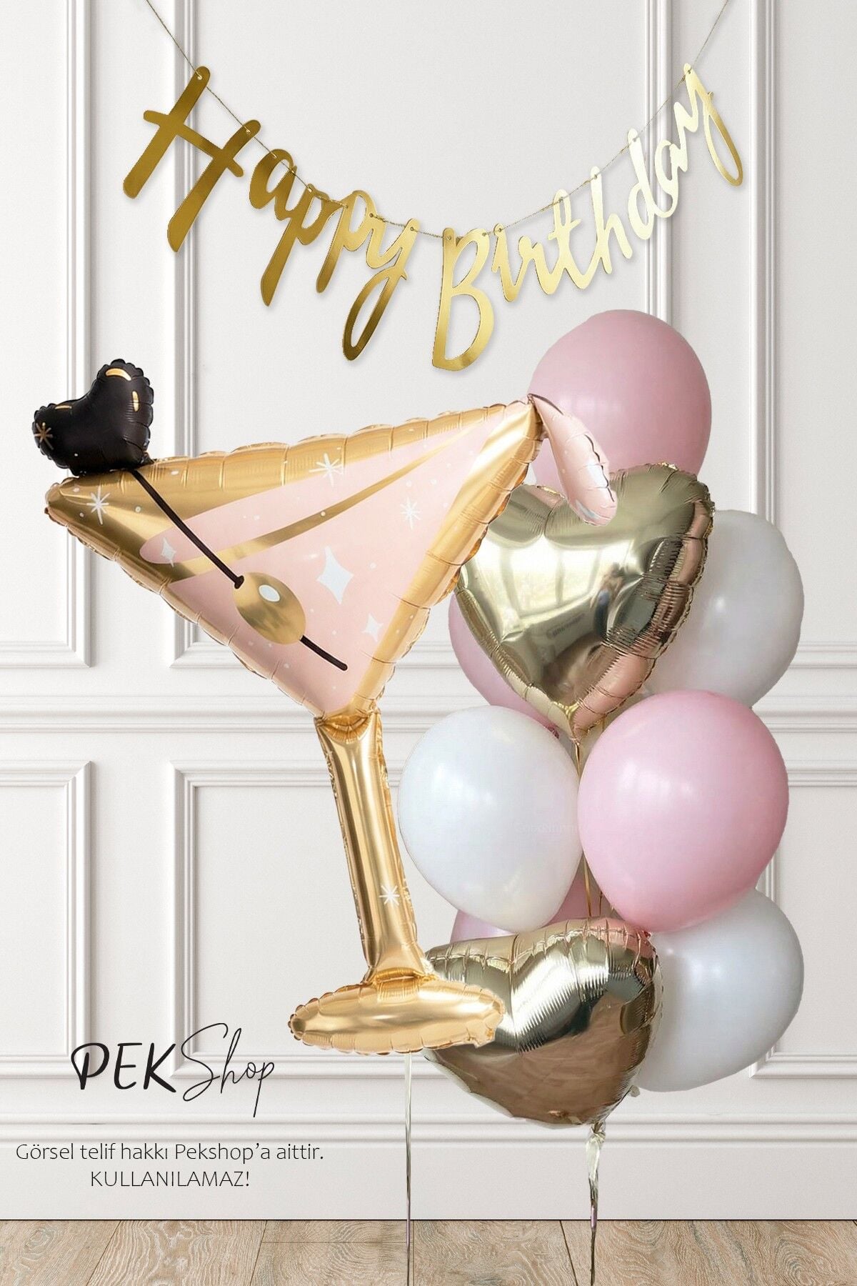 Set243 Happy Birthday Banner ve Kadeh Balonlu Gold Pembe Yetişkin Doğum Günü Balon Seti