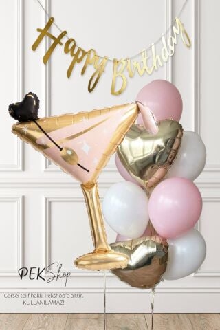 Set243 Happy Birthday Banner ve Kadeh Balonlu Gold Pembe Yetişkin Doğum Günü Balon Seti