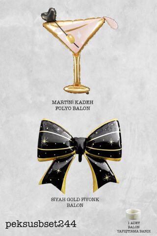 Siyah Gold Fiyonk Balon ve Martini Kadeh Folyo Balon 2li Set