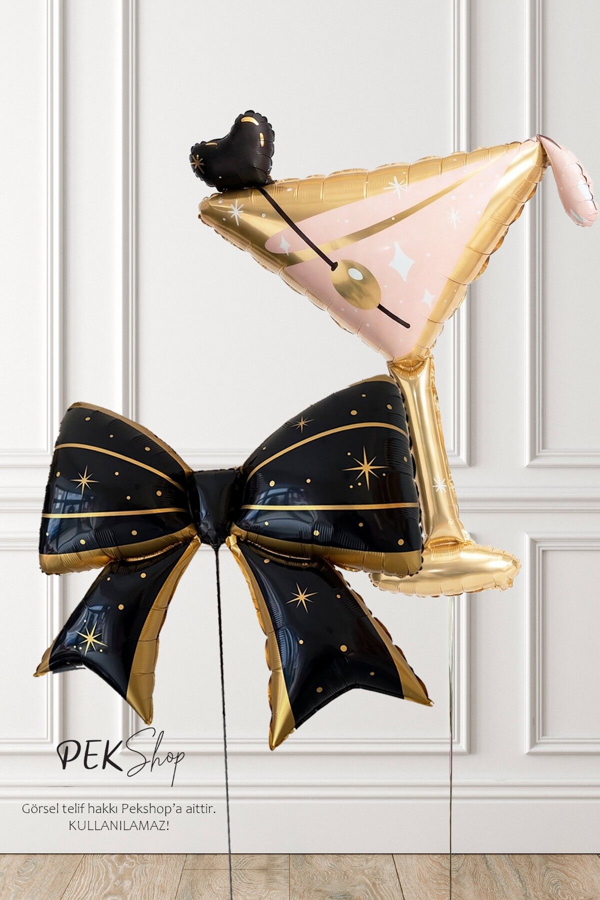 Siyah Gold Fiyonk Balon ve Martini Kadeh Folyo Balon 2li Set