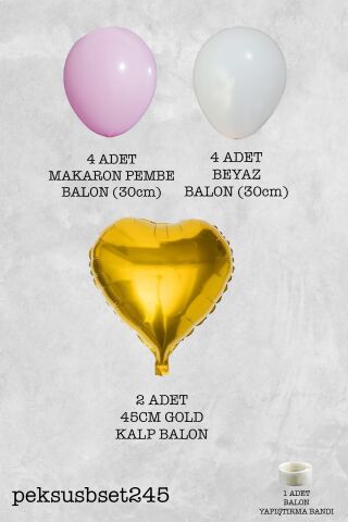 Gold Kalp Pembe ve Beyaz Lateks Balonlar Balon Demeti Set245