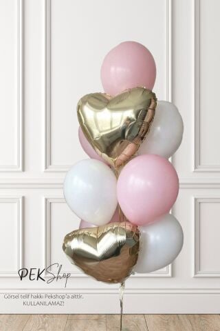 Gold Kalp Pembe ve Beyaz Lateks Balonlar Balon Demeti Set245