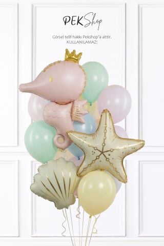 Retro Deniz Atı , Deniz Yıldızı ve İstiridye Folyo Balonlu Balon Seti Set247