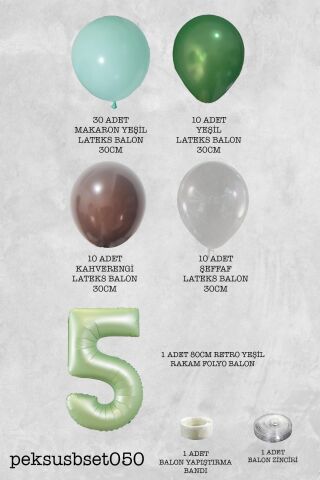 Retro Yeşil Rakamlı Balon Zinciri Seti Retro Yeşil Kahve Renkler Doğum Günü Balonları 5