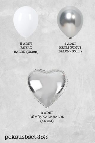 Gümüş Beyaz Balon Demeti Gümüş Kalp Folyo Balonlu Balon Seti Set252