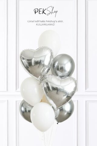 Gümüş Beyaz Balon Demeti Gümüş Kalp Folyo Balonlu Balon Seti Set252