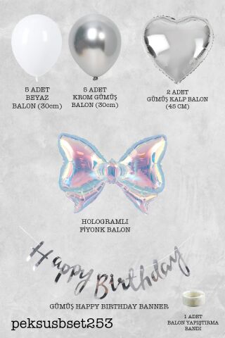 Hologram Fiyonk Gümüş Kalp Folyo Balonlu Gümüş Beyaz Doğum Günü Balon Seti Set253