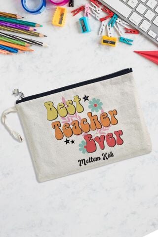 Best Teacher İsme Özel Baskılı Öğretmenler Günü Hediyesi Astarlı Lüks Clutch Çanta
