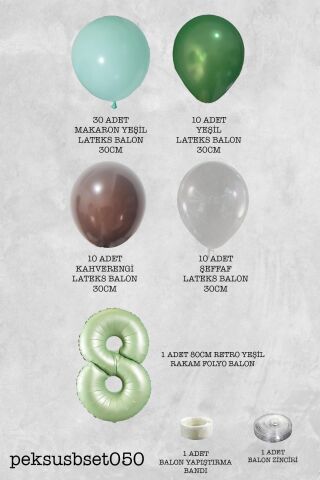 Retro Yeşil Rakamlı Balon Zinciri Seti Retro Yeşil Kahve Renkler Doğum Günü Balonları 8