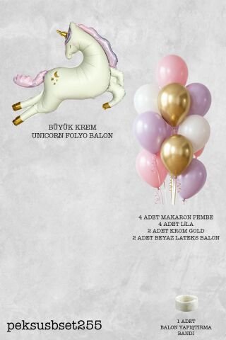 Krem Büyük Unicorn ve Pembe Gold Balonlar Balon Seti Set255