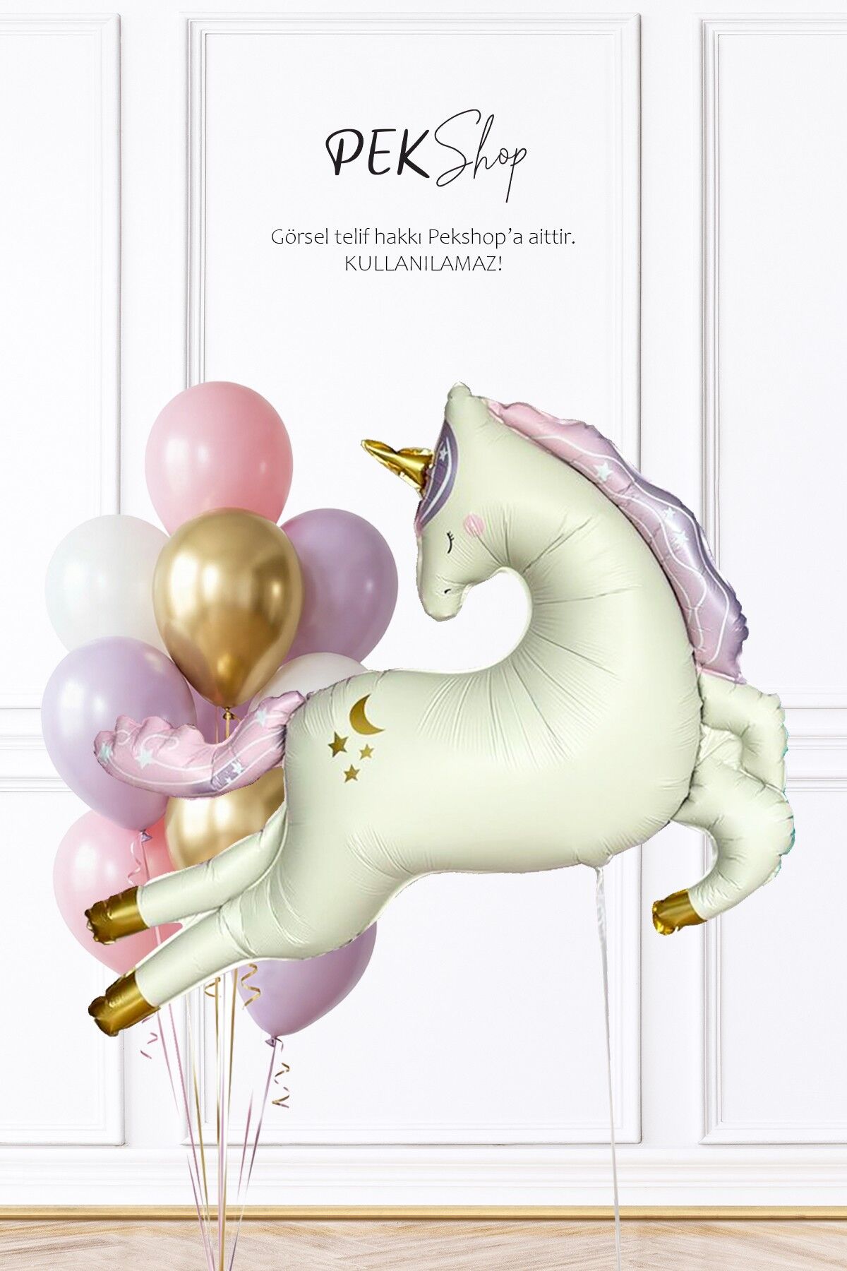 Krem Büyük Unicorn ve Pembe Gold Balonlar Balon Seti Set255
