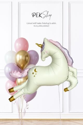 Krem Büyük Unicorn ve Pembe Gold Balonlar Balon Seti Set255