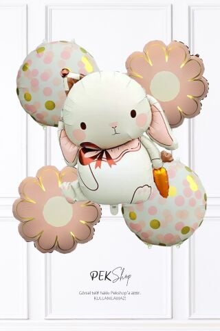 Havuçlu Tavşan Çiçek ve Konfeti Yuvarlak Folyo Balon Balon Seti