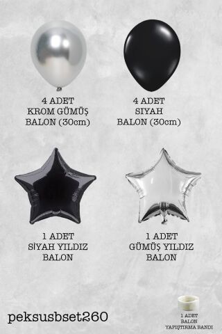 Gümüş Siyah Yıldız Balonlu Balon Demeti Set260