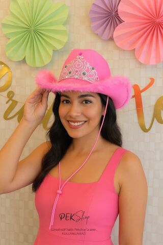 Taçlı Tüylü Pembe Kovboy Şapkası Bride To Be Parti Gelin Şapkası