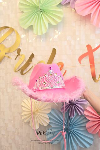 Taçlı Tüylü Pembe Kovboy Şapkası Bride To Be Parti Gelin Şapkası