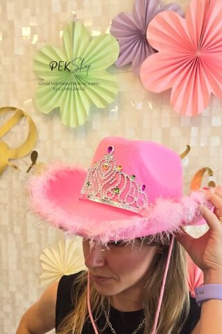 Taçlı Tüylü Pembe Kovboy Şapkası Bride To Be Parti Gelin Şapkası