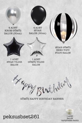 Siyah ve Gümüş Tema Doğum Günü Süsleme Seti Bannerlı Balon Paketi Set261