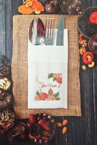 Kumaş Dokulu Ramazan Peçetesi İftar Vakti Cepli Peçete 6 Adet