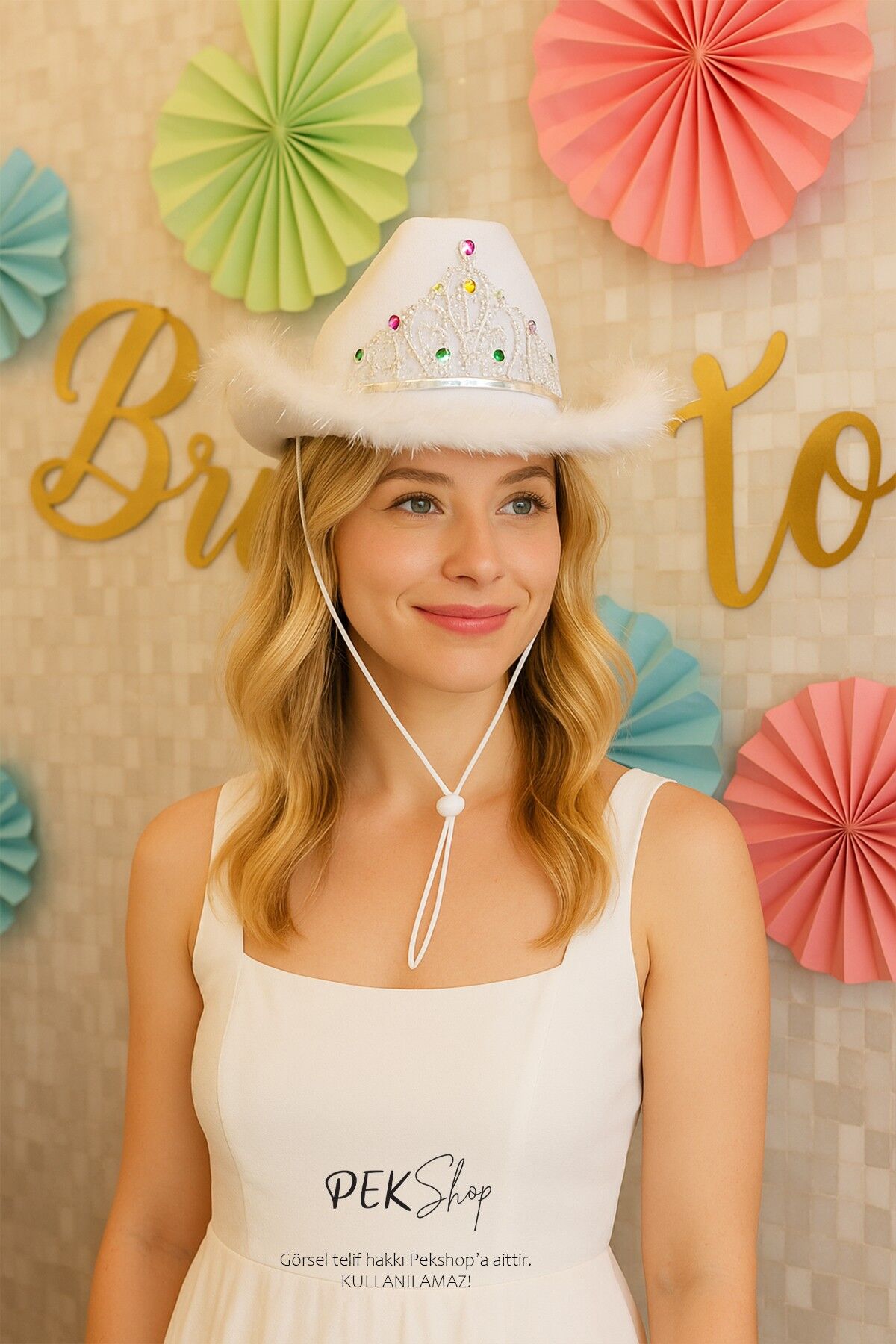 Taçlı Tüylü Beyaz Kovboy Şapkası Bride Parti Gelin Şapkası Cow Girl