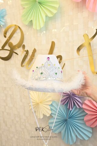 Taçlı Tüylü Beyaz Kovboy Şapkası Bride Parti Gelin Şapkası Cow Girl