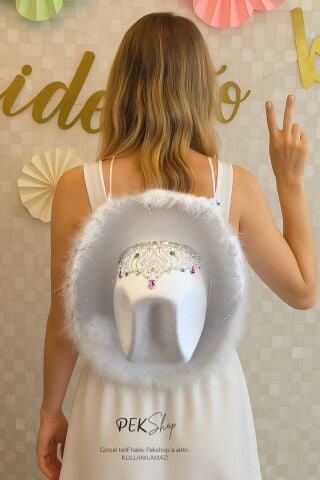 Taçlı Tüylü Beyaz Kovboy Şapkası Bride Parti Gelin Şapkası Cow Girl