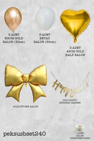 Gold Happy Birthday Banner ve Gold Fiyonk Balon Beyaz Gold Fiyonk Tema Doğum Günü Süsleme Seti Set240