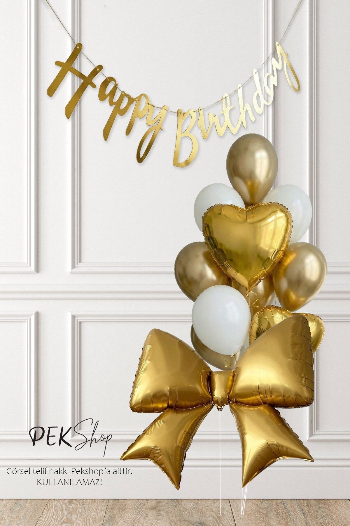 Gold Happy Birthday Banner ve Gold Fiyonk Balon Beyaz Gold Fiyonk Tema Doğum Günü Süsleme Seti Set240