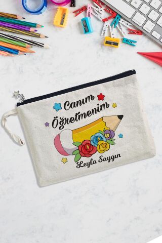 İsme Özel Öğretmenler Günü Hediyesi Astarlı Clutch Çanta Çiçekli Kalem