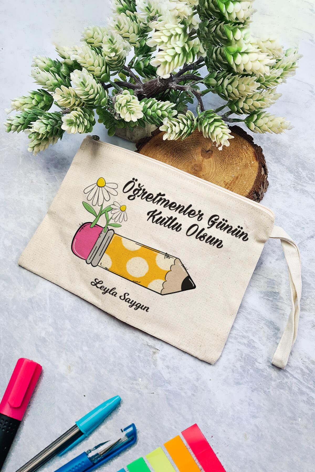 İsme Özel Öğretmenler Günü Hediyesi Clutch Çanta Çiçekli Kalem