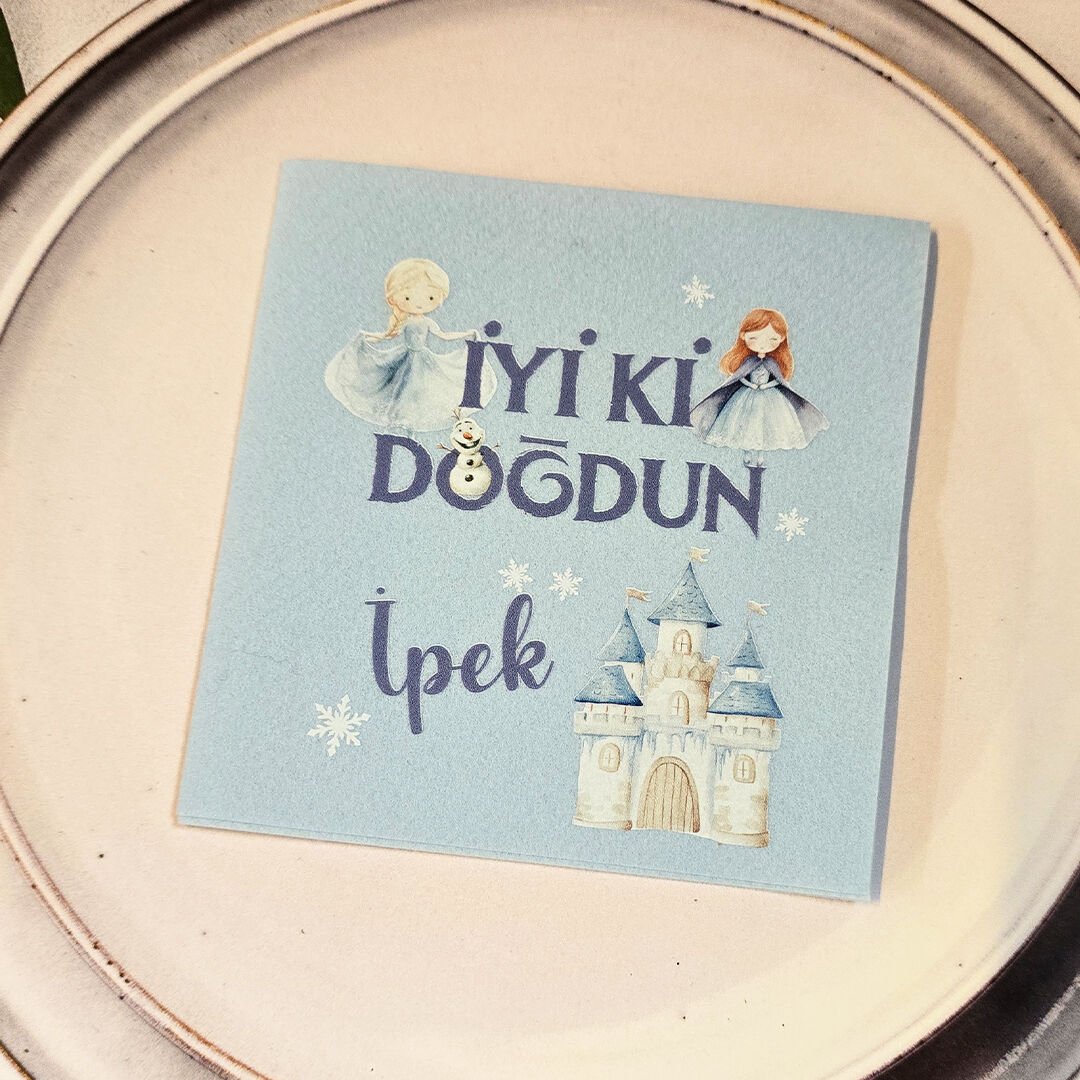 Elsa Konsept Dokulu Mavi İsme Özel Kare Peçete