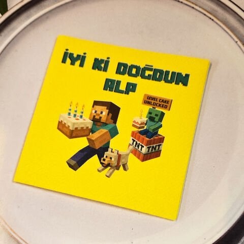 Minecraft Konsept Dokulu Sarı İsme Özel Kare Peçete