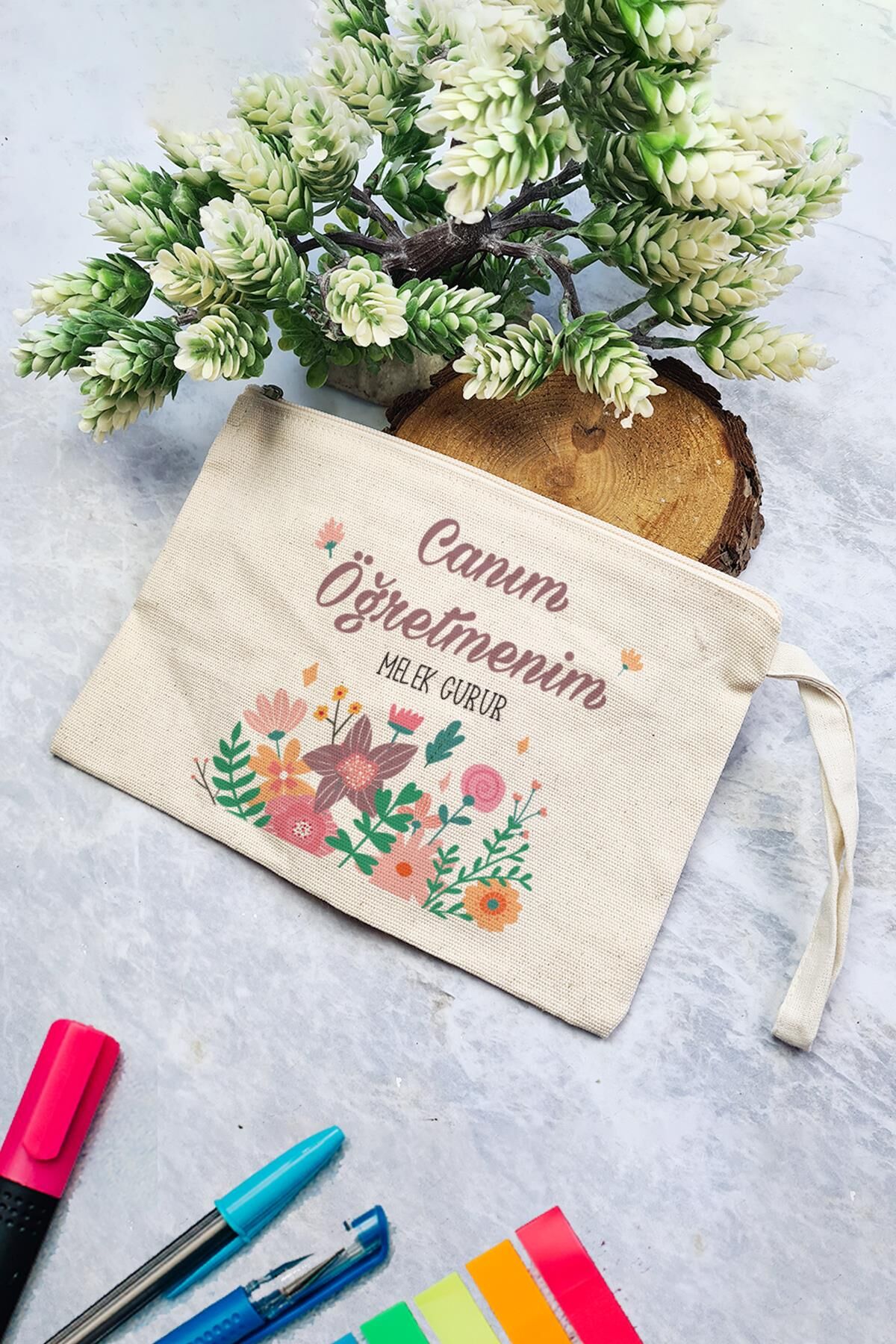 İsme Özel Öğretmenler Günü Hediyesi Clutch Çanta Canım Öğretmenim Çiçekli -2