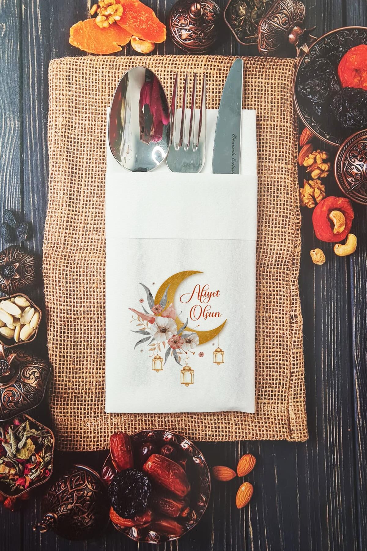 Kumaş Dokulu Afiyet Olsun Yazılı Cepli Ramazan Peçetesi 6 Adet