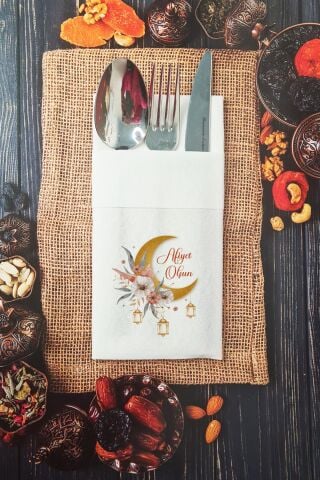 Kumaş Dokulu Afiyet Olsun Yazılı Cepli Ramazan Peçetesi 6 Adet