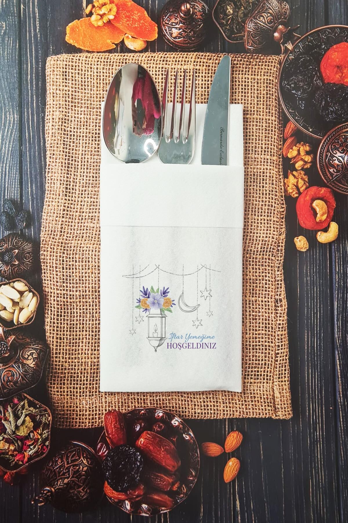 Kumaş Dokulu İftar Yemeğime Hoşgeldiniz Yazılı Ramazan Peçetesi Cepli Peçete 6 Adet