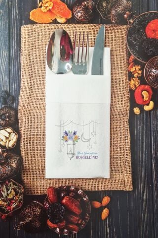 Kumaş Dokulu İftar Yemeğime Hoşgeldiniz Yazılı Ramazan Peçetesi Cepli Peçete 6 Adet