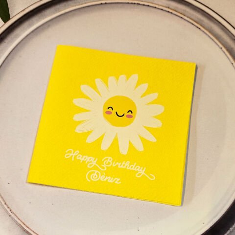 Papatya Gülen Güneş Konsept Dokulu Sarı İsme Özel Kare Peçete