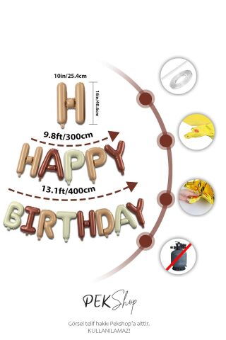 3 Renkli Krem Karamel Kahve Happy Birthday Retro Folyo Balon