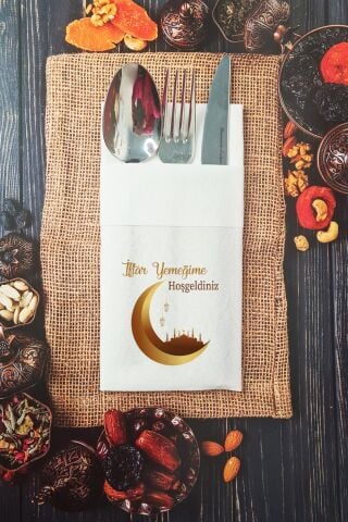 Kumaş Dokulu İftar Yemeğime Hoşgeldiniz Ramazan Peçetesi Cepli Peçete 6 Adet