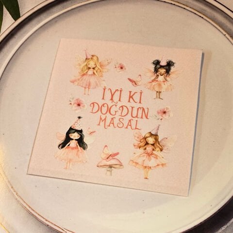 Peri Konsept Dokulu Pembe İsme Özel Kare Peçete