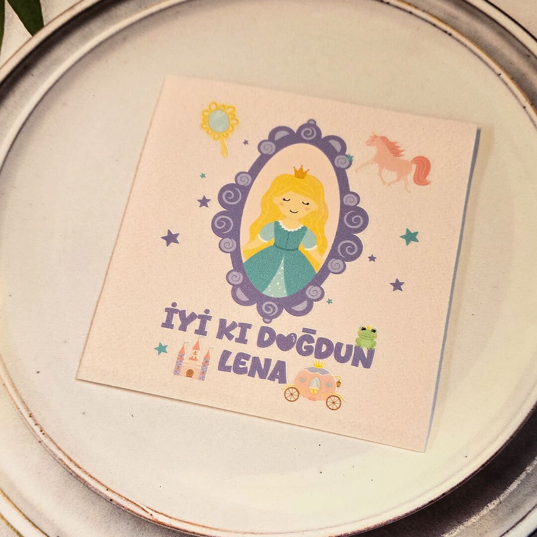 Prenses Konsept Dokulu Pembe İsme Özel Kare Peçete