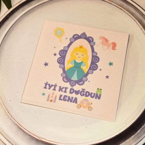 Prenses Konsept Dokulu Pembe İsme Özel Kare Peçete