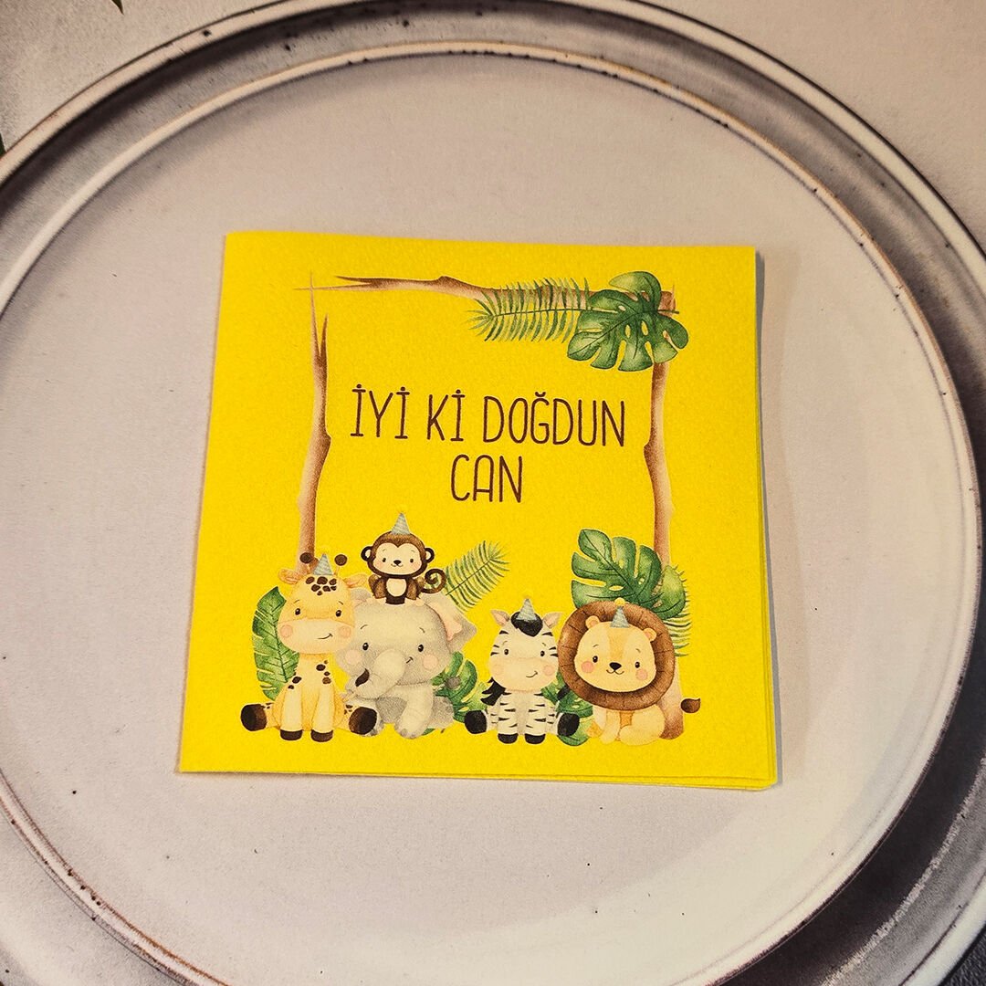 Safari Konsept Dokulu Sarı İsme Özel Kare Peçete