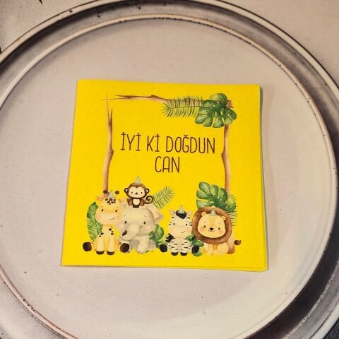 Safari Konsept Dokulu Sarı İsme Özel Kare Peçete