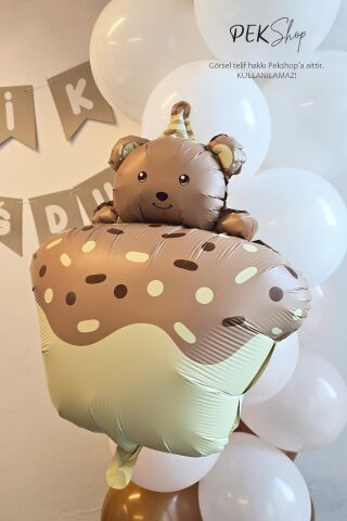 Pasta Üstünde Ayıcık Retro Karamel Folyo Balon