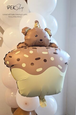 Pasta Üstünde Ayıcık Retro Karamel Folyo Balon