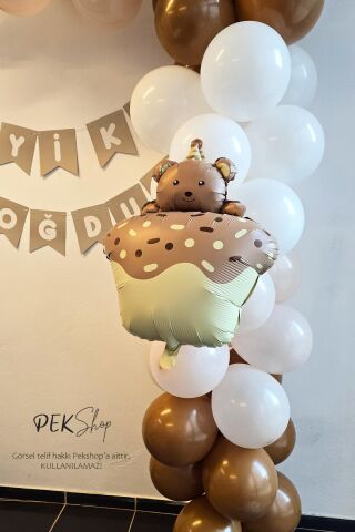 Pasta Üstünde Ayıcık Retro Karamel Folyo Balon