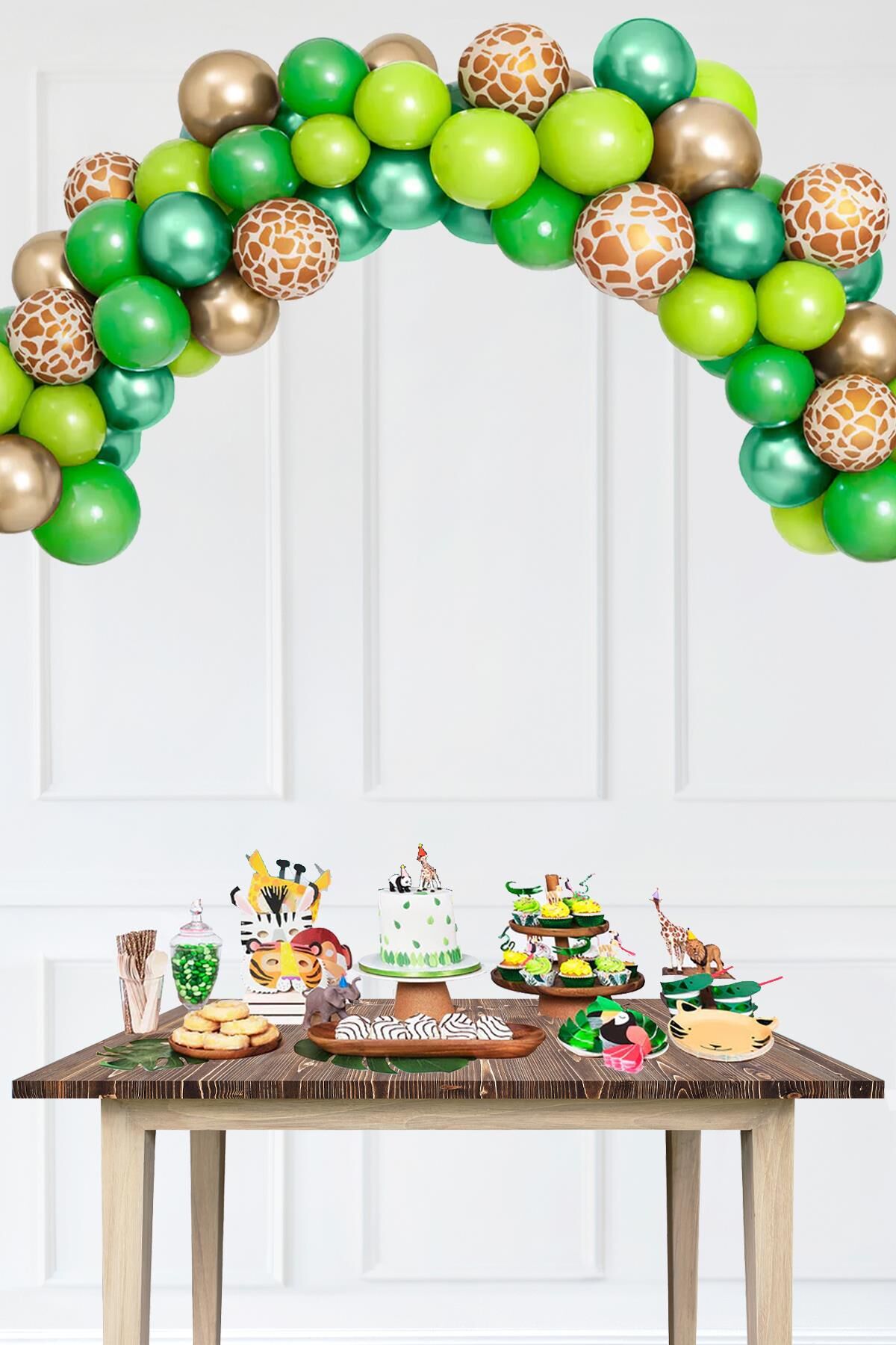 Safari Tema Doğum Günü Balon Zinciri Lüks Krom Yeşil Gold Zürafa Desen Balon 47 Parça